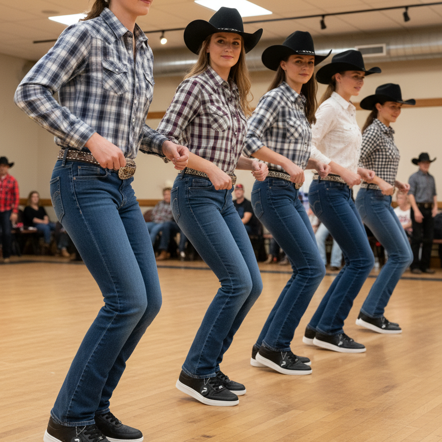 Five women in cowboy hats and plaid shirts practicing a routine in a dance studio.